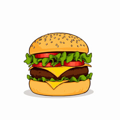 Delicious Cartoon Hamburger with Sesame Seed Bun Lettuce Tomato and Cheese cheeseburger fast food