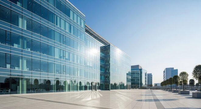 Modern Glass Building Architecture with Reflective Facades on Sunny Day