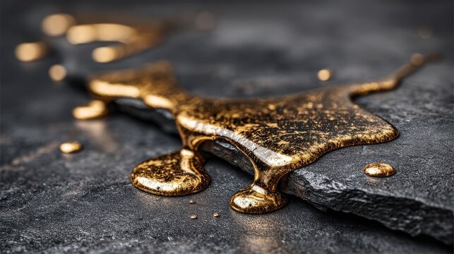 Close up of golden olive oil drops flowing on dark stone