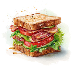 BLT Sandwich watercolor vector, hand-painted style, high-quality illustration isolated on white background.