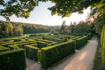 Exploring a Lush Maze in a Scenic Park During Sunset Hours Near the Forest
