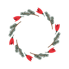 Christmas floral wreath with holly, mistletoe, spruce branches isolated on white background. Vector holiday illustration. New year decoration.