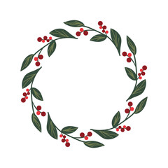 Christmas floral wreath with holly, mistletoe, spruce branches isolated on white background. Vector holiday illustration. New year decoration.