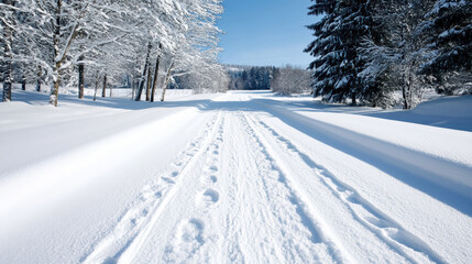 Obraz premium Fresh snow covers serene forest road, showcasing footprints and clear blue sky