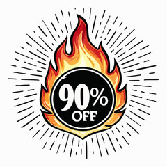 Fiery hot 90% off sale icon bursting with excitement and discount savings