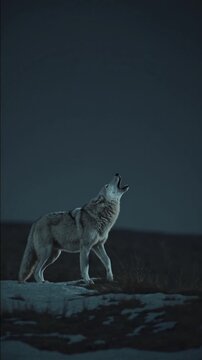 Loup hurlant sous la lune dans une nuit froide et bleut&eacute;e