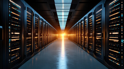 Futuristic server room with glowing data racks and bright light at end, showcasing technology