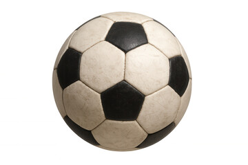 Fototapeta premium Vintage soccer ball standing on a transparent background, showing old white and black panels with worn texture