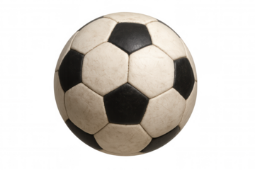 Vintage soccer ball standing on a transparent background, showing old white and black panels with worn texture