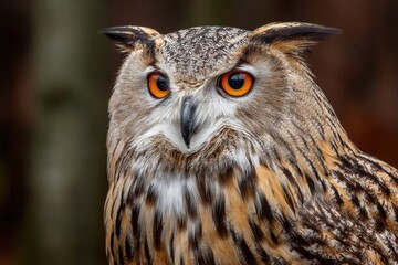 Fototapeta premium Close up portrait of an owl with piercing orange eyes