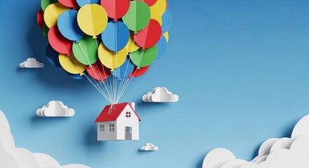 A Paper House Ascends Attached to a Bunch of Colorful Balloons Floating in the Sky