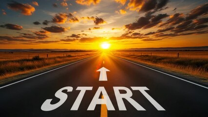 The road to success with a bright sunset and the word start painted on the asphalt, symbolizing new beginnings and opportunities for growth and achievement - Powered by Adobe