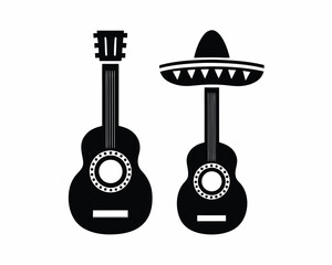 Mexican Guitar and Sombrero Vector Icons, Mariachi Music Elements for Día de los Muertos Celebration isolated on white background