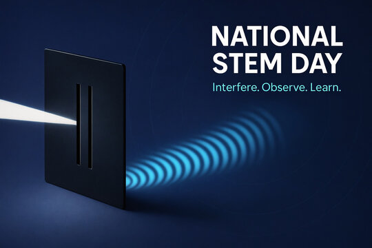 Light diffraction through double slit with interference pattern and text National STEM Day Interfere Observe Learn on dark blue background.