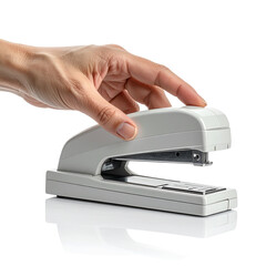 Hand pressing a white stapler on a white background.