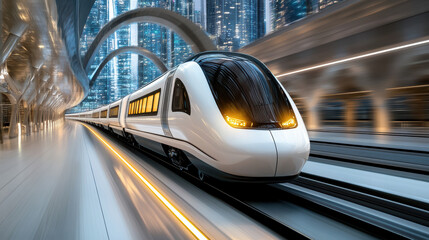 Obraz premium Futuristic high speed train moving through modern cityscape night, showcasing sleek design