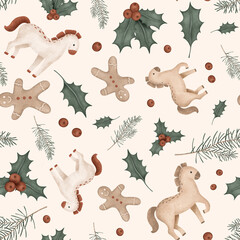 Christmas seamless pattern with symbol new year 2026, horses, pine branches, for tree. Repeat ornament with illustration holly and red berries and sweet cookie gingerbread man.