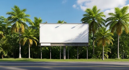 Blank Billboard Amidst Lush Palm Trees Under a Bright Blue Sky