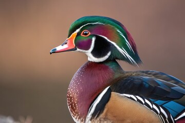 Colorful Wood Duck Perched Near Water on a Calm Afternoon in Nature