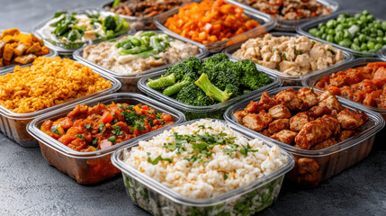 Fototapeta premium Meal prep containers filled with colorful, healthy dishes ready for freezing