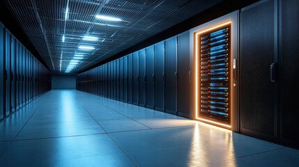 Glowing server room door with biometric scanner stands out in high tech environment