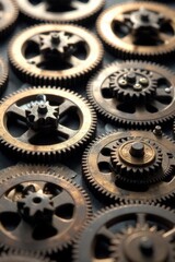 Interlocking Gears of Progress A macro shot of several intricately designed metal gears of different sizes and materials interlocking and rotating in perfect synchronization, bathed in soft, warm