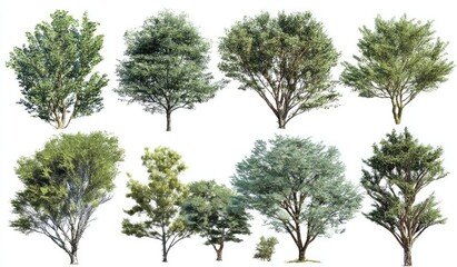 Collection of diverse trees against white background