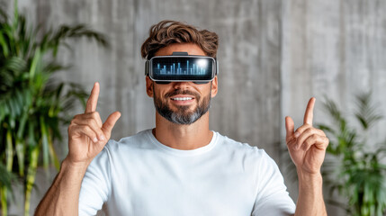 Virtual reality user wearing headset, engaging with digital interface, smiling confidently