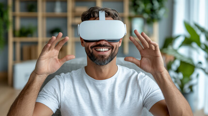 Immersive virtual reality experience with smiling man wearing VR headset, engaging with