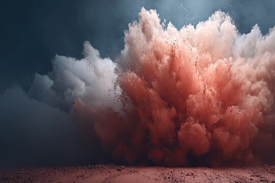 Massive explosion of pinkish-red and white powder clouds against a dark sky - Powered by Adobe