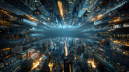 Futuristic cityscape with glowing skyscrapers and dynamic light trails creating digital aura