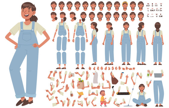 Character constructor of a young, thrifty woman, housewife, and mother. A set of arm, leg, and head positions for animation