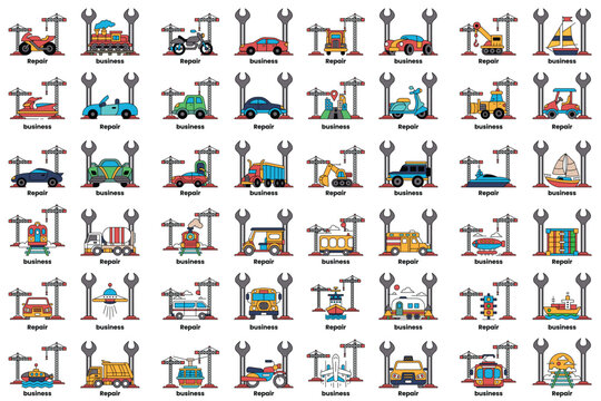 A collection of vehicles, including cars, trucks, and buses