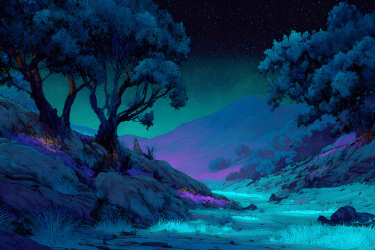 80s neon bioluminescent landscape with retro sci fi glow and vibrant futuristic aesthetic design