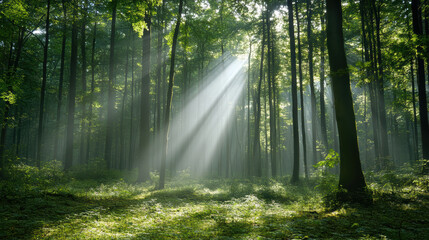 Fototapeta premium Sunlight breaking through trees in misty forest creates serene atmosphere