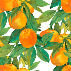 A branch of ripe tangerines. Seamless pattern.Image on white and colored background.
