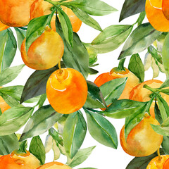 A branch of ripe tangerines. Seamless pattern.Image on white and colored background.