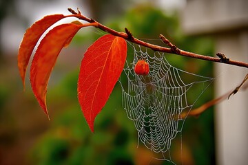 Autumn leaves, spiderweb, dew drops