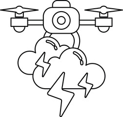 A black and white drawing of a drone flying through a stormy sky