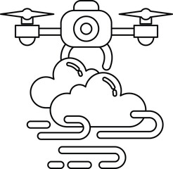 A black and white drawing of a drone flying through a cloud