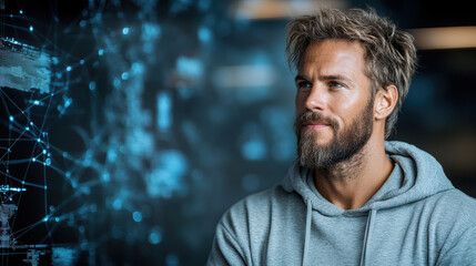 Innovative man with beard in hoodie, contemplating technology and digital connections