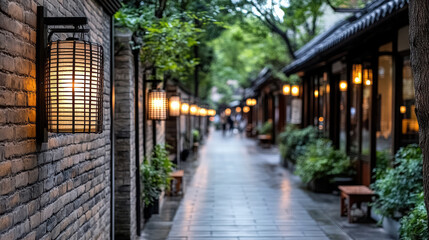Fototapeta premium Lanterns illuminate serene alleyway in preserved city, creating warm and inviting atmosphere