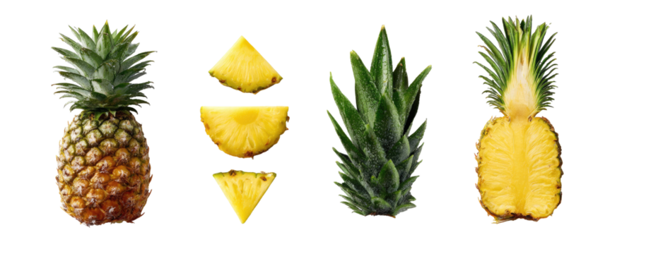 Four pineapples, whole and sliced