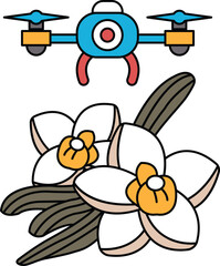 A black and white drawing of a flower with a drone in the background