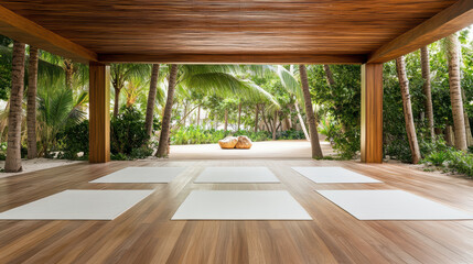 Serene open air yoga pavilion surrounded by lush palm trees and wooden flooring