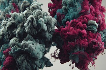 Abstract ink clouds in grey-teal and magenta