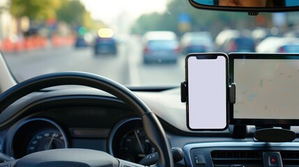 Universal mobile phone holder with white blank screen, mockup