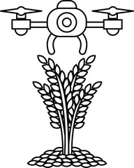 A black and white drawing of a drone flying over a tree