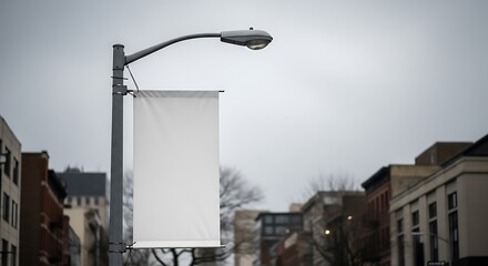 Urban Street Scene: Blank Banner on Lamppost Against Overcast Sky and City Buildings