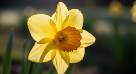 Fototapeta premium Radiant daffodil flower bathed in golden sunlight showcasing vibrant hues and delicate texture